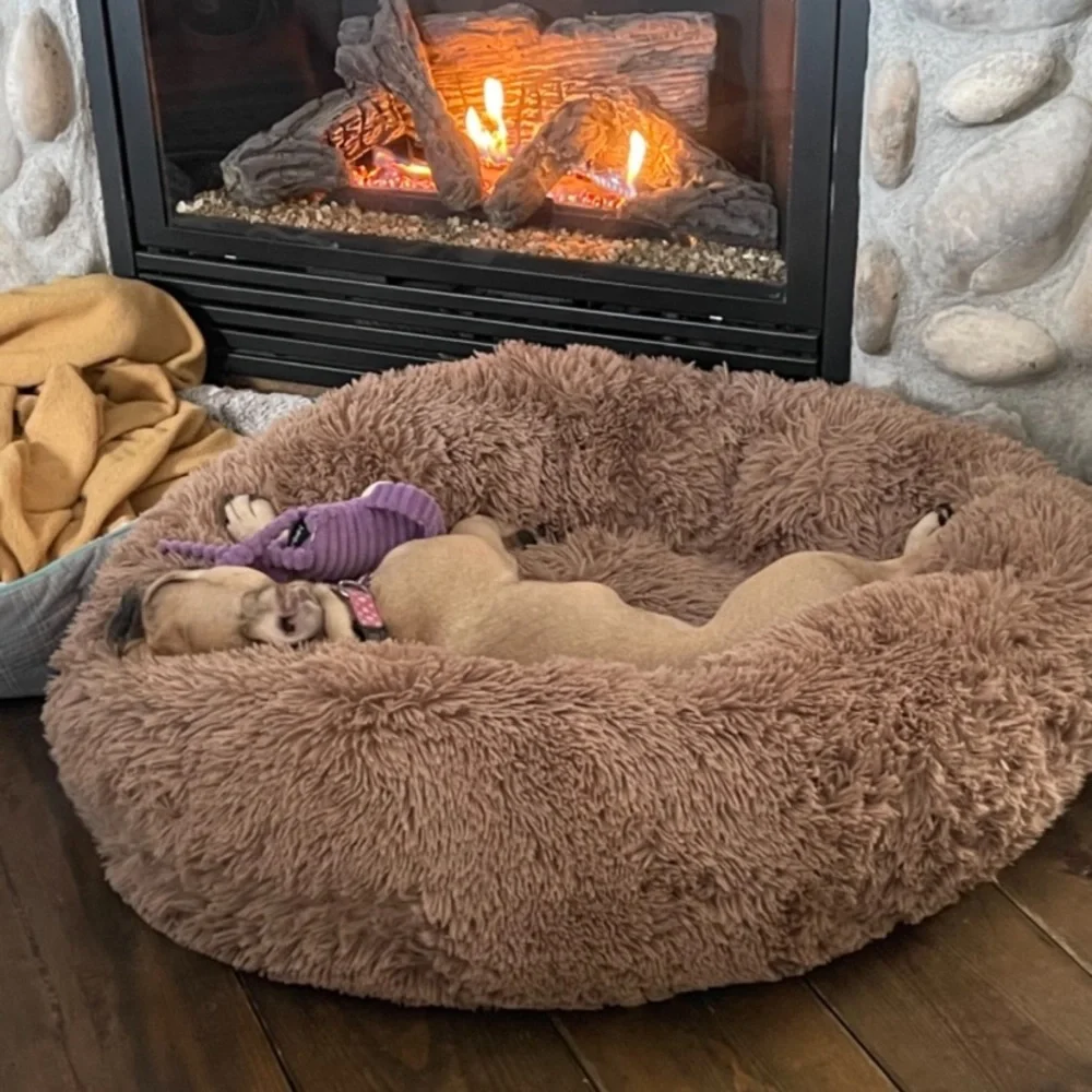 Lightly taupe Fur Round Container calming bed Deluxe Super Plush Pet Bed
